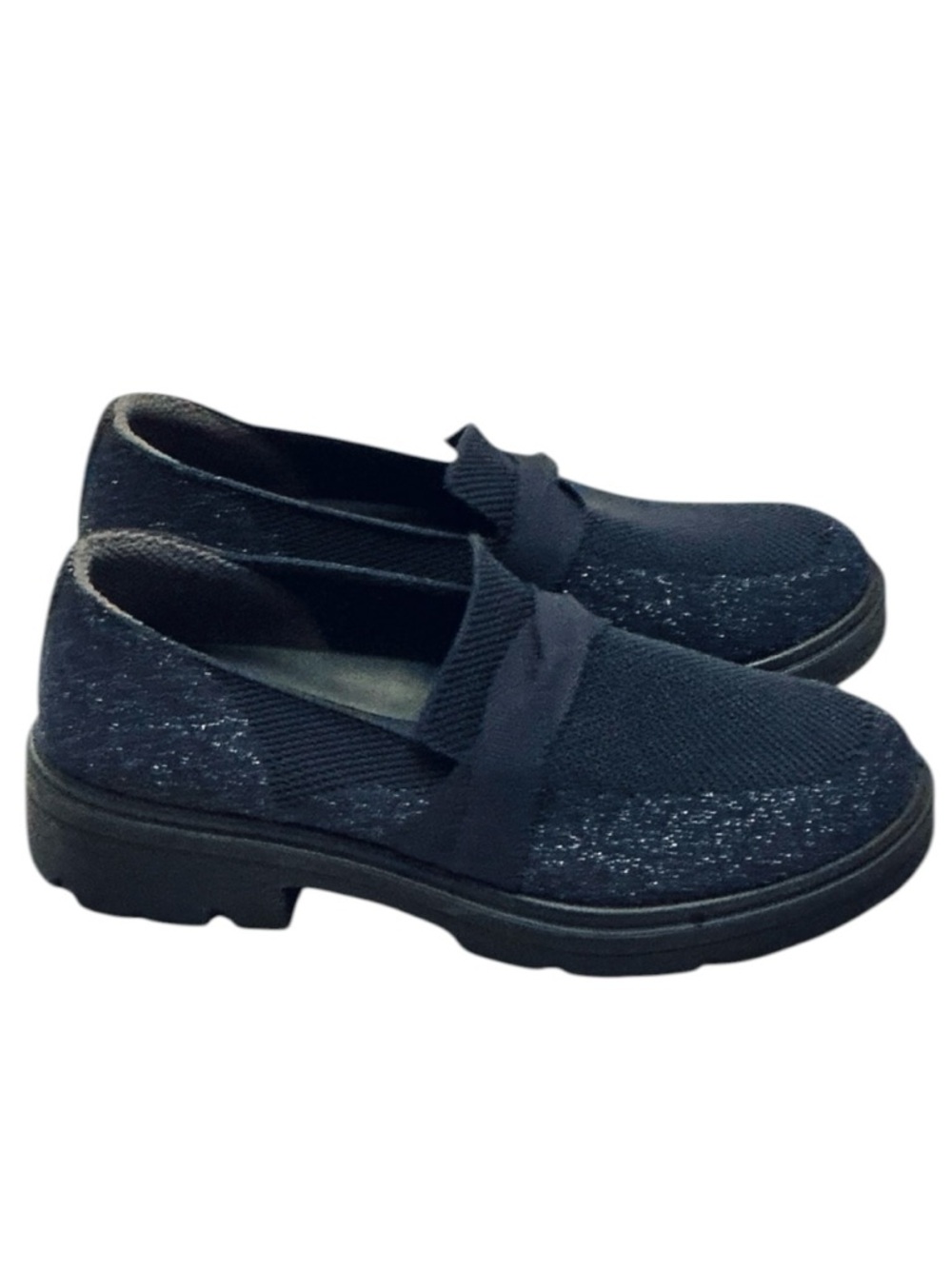 BZEES for LifeStride Muse Bow Sz 7 WIDE Loafers Blue Knit Sparkle Chunky Slip-on